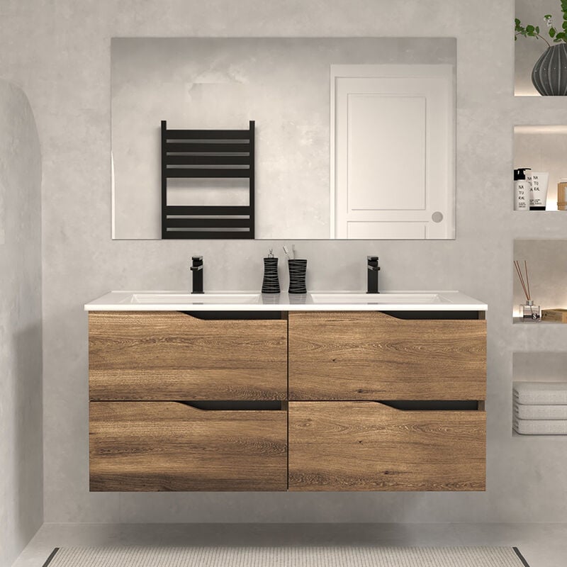 Cosyneo - Meuble de salle de bain 120cm double vasque - 4 tiroirs - tabaco (bois foncé) - luna