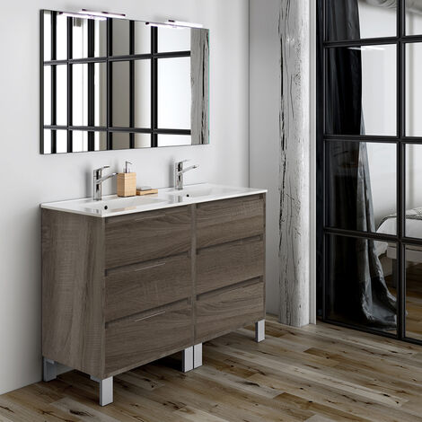 Meuble de salle de bain 120cm double vasque - 6 tiroirs - Britannia (chêne foncé) - TIRIS 3C