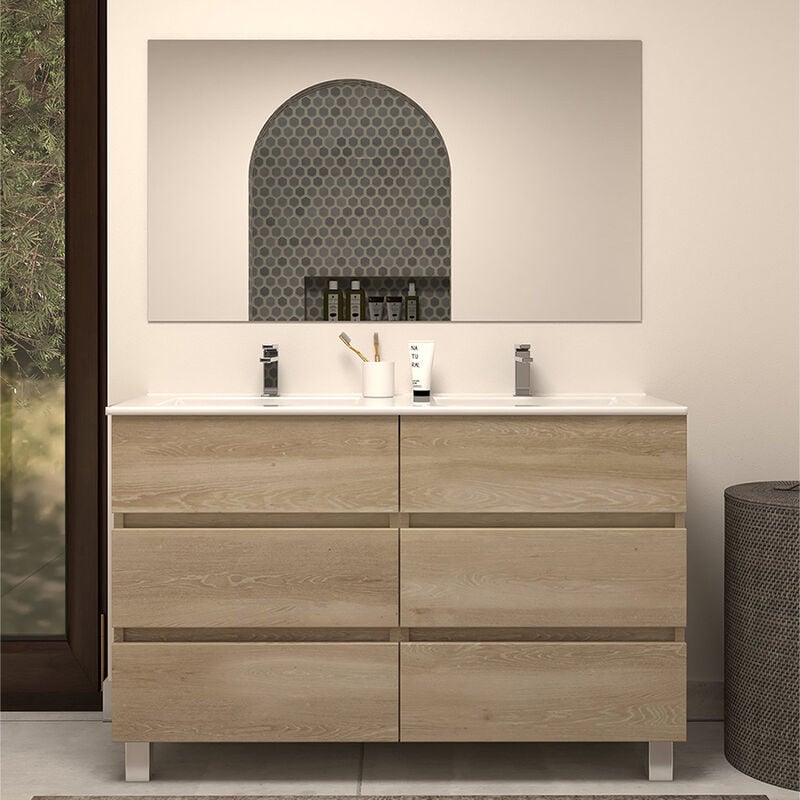 Meuble de salle de bain 120cm double vasque - 6 tiroirs - nebraska (bois clair) - MAYOR
