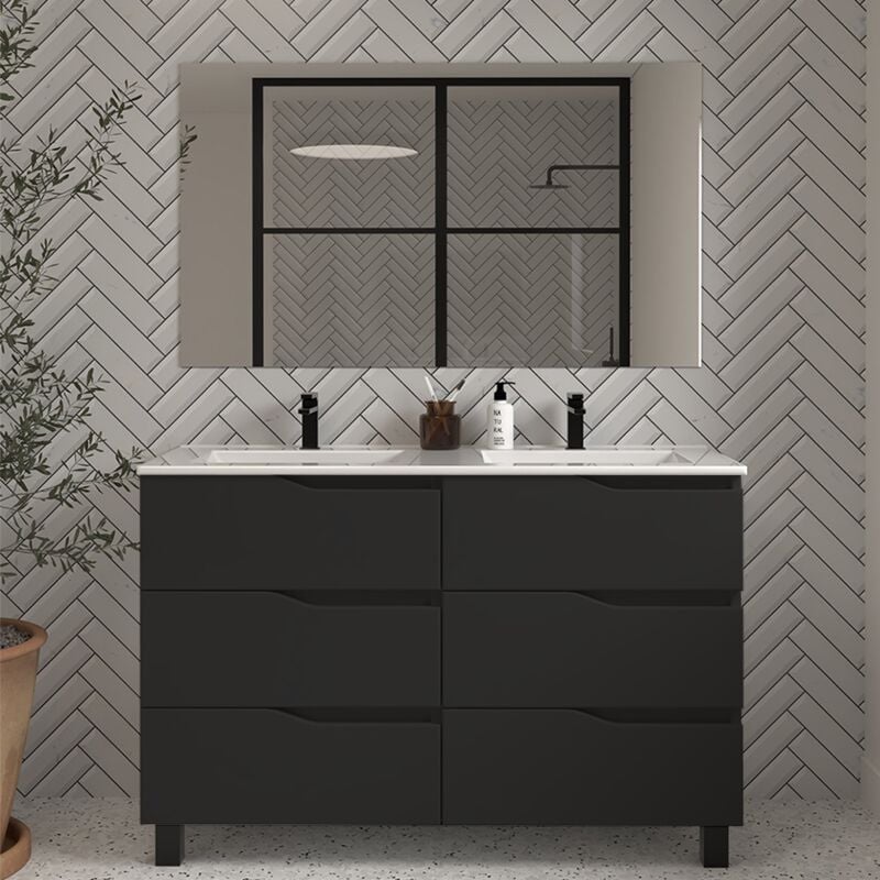 Cosyneo - Meuble de salle de bain 120cm double vasque - 6 tiroirs - noir - mata