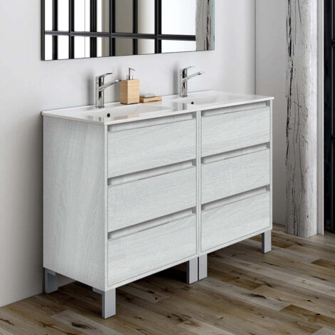 Meuble de salle de bain 120cm double vasque - 6 tiroirs - sans miroir - hibernian (bois blanchi) - TIRIS 3C