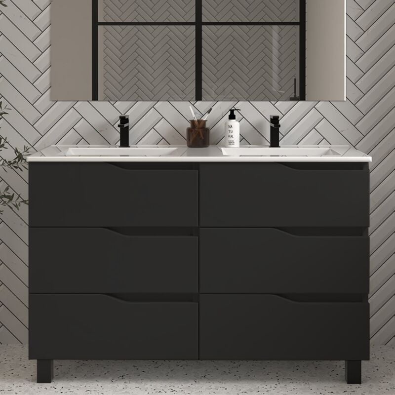 Cosyneo - Meuble de salle de bain 120cm double vasque - 6 tiroirs - sans miroir - noir - mata