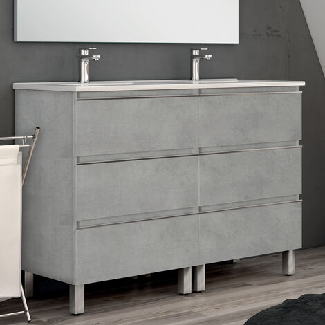 Meuble de salle de bain 120cm double vasque - 6 tiroirs - sans miroir - PALMA - Ciment (gris)