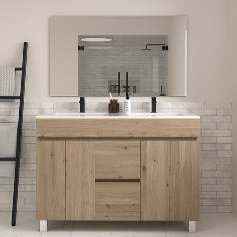 Cosyneo – Meuble double vasque 120cm sur pieds – 2 tiroirs et 4 portes – Matériaux hydrofuges – Finition cambrian bois clair