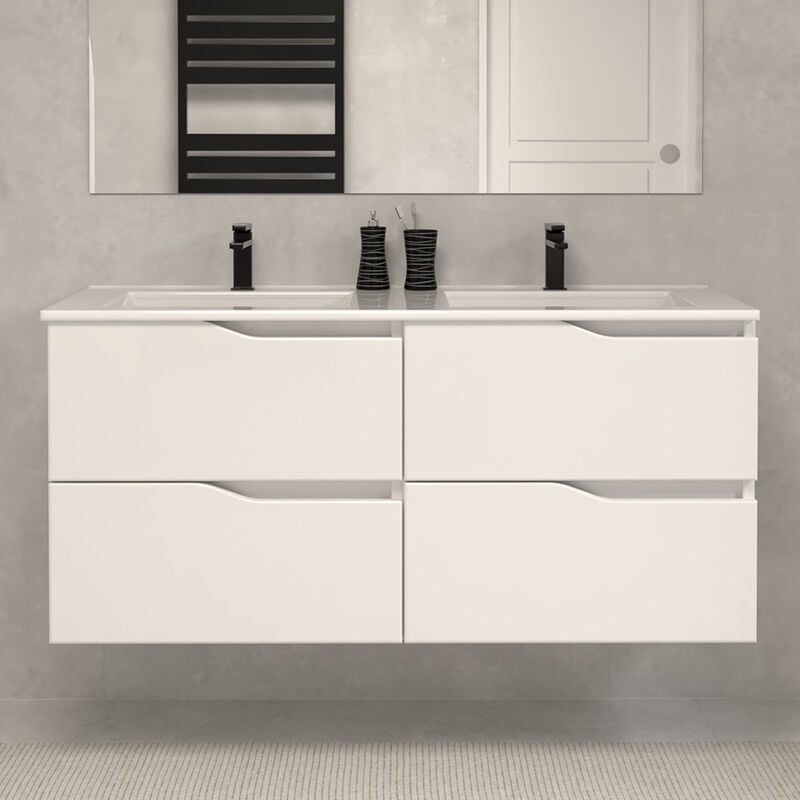 Cosyneo - Meuble de salle de bain 120cm double vasque - sans miroir - 4 tiroirs - blanc - luna
