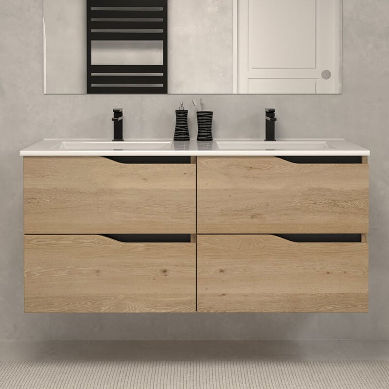 Cosyneo - Meuble de salle de bain 120cm double vasque - sans miroir - 4 tiroirs - madera miel (bois clair) - luna