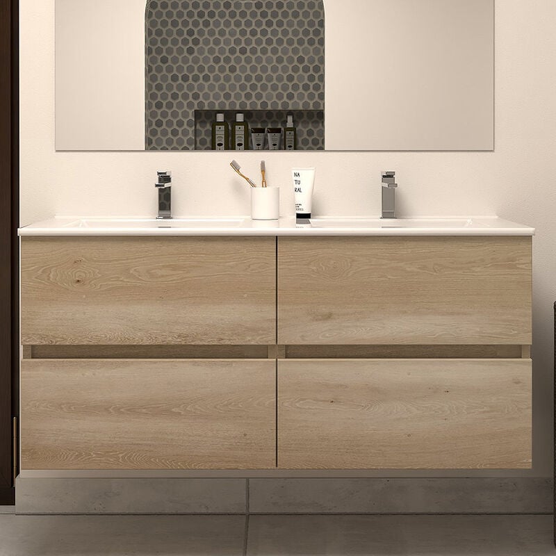Cosyneo - Meuble de salle de bain 120cm double vasque - sans miroir - 4 tiroirs - nebraska (bois clair) - ida
