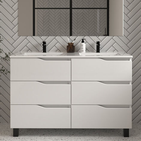 Meuble de salle de bain 120cm double vasque - sans miroir - 6 tiroirs - blanc - MATA