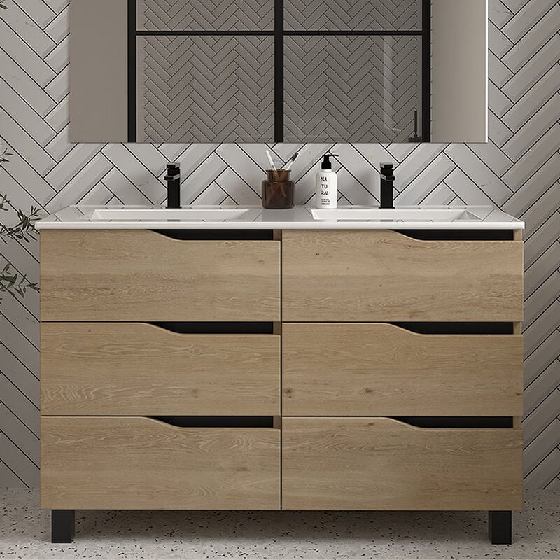 Cosyneo - Meuble de salle de bain 120cm double vasque - sans miroir - 6 tiroirs - madera miel (bois clair) - mata