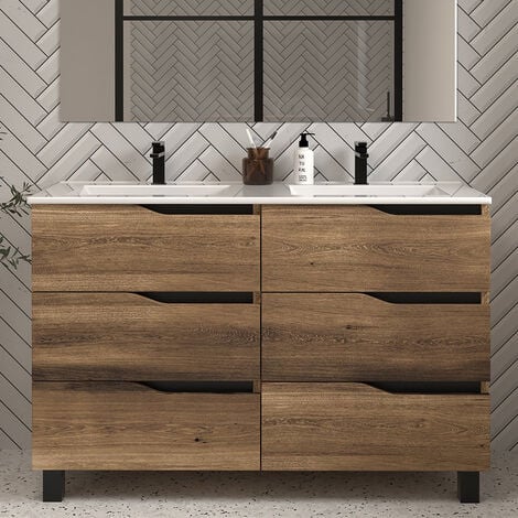 COSYNEO Meuble de salle de bain 120cm double vasque - sans miroir - 6 tiroirs - tabaco (bois foncé) - MATA