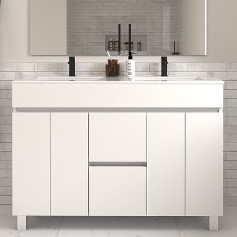 COSYNEO Meuble de salle de bain 120cm double vasque sans miroir à poseravec portes et tiroirs - blanc - HARO