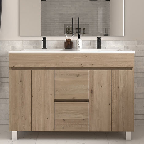 Cosyneo – Meuble de salle de bain double vasque 120cm – 4 portes et 2 tiroirs – Matériaux hydrofuges – Sur pieds – Cambrian (bois clair)