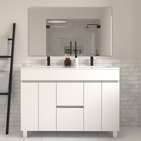 Meuble de salle de bain 120cm double vasque sur pieds avec portes et tiroirs - blanc - HARO