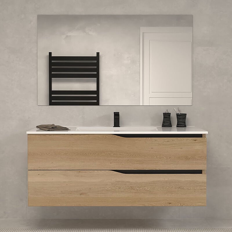 Cosyneo - Meuble de salle de bain 120cm simple vasque - 2 tiroirs - madera miel (bois clair) - luna