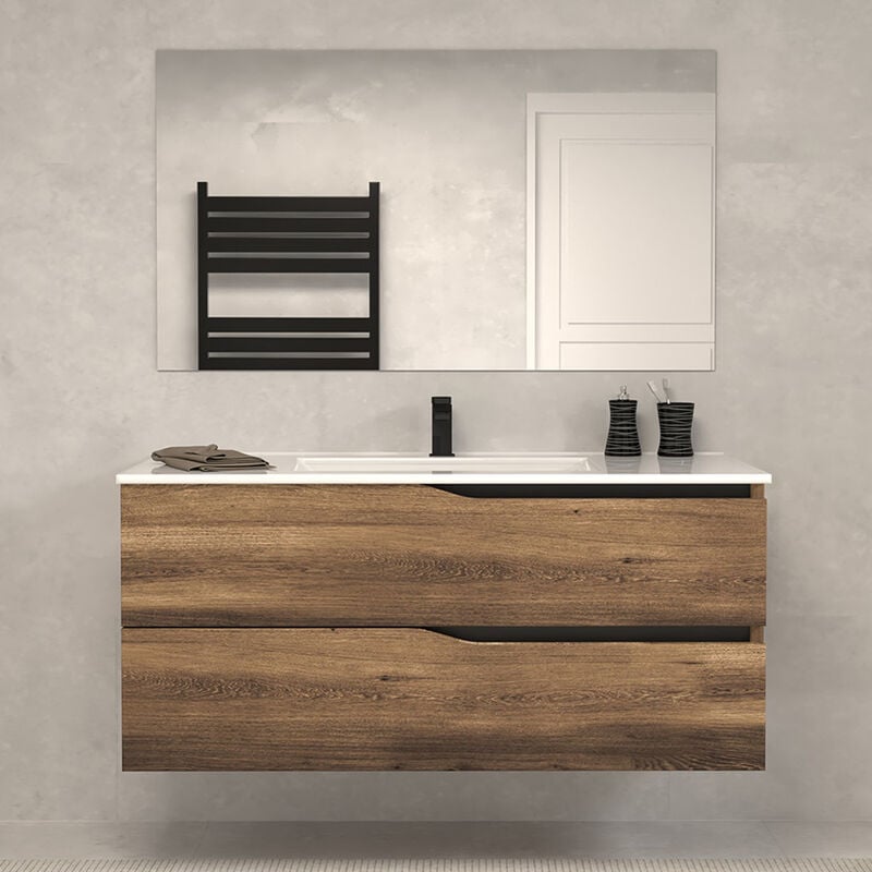 Cosyneo - Meuble de salle de bain 120cm simple vasque - 2 tiroirs - tabaco (bois foncé) - luna