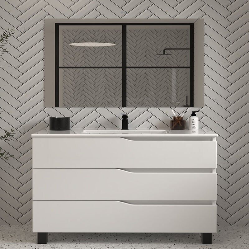 Cosyneo - Meuble de salle de bain 120cm simple vasque - 3 tiroirs - blanc - mata