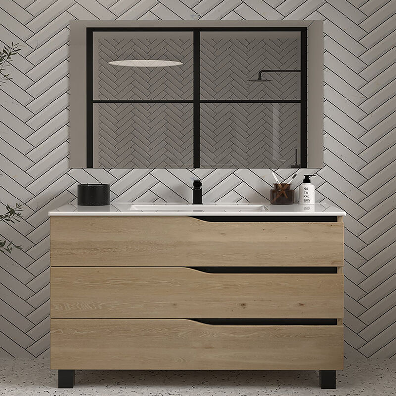 Cosyneo - Meuble de salle de bain 120cm simple vasque - 3 tiroirs - madera miel (bois clair) - mata