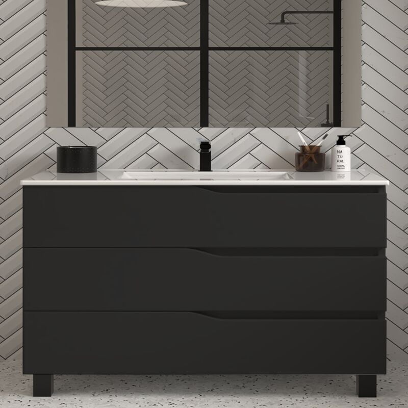 Cosyneo - Meuble de salle de bain 120cm simple vasque - 3 tiroirs - sans miroir - noir - mata