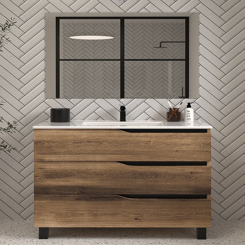 Cosyneo - Meuble de salle de bain 120cm simple vasque - 3 tiroirs - tabaco (bois foncé) - mata
