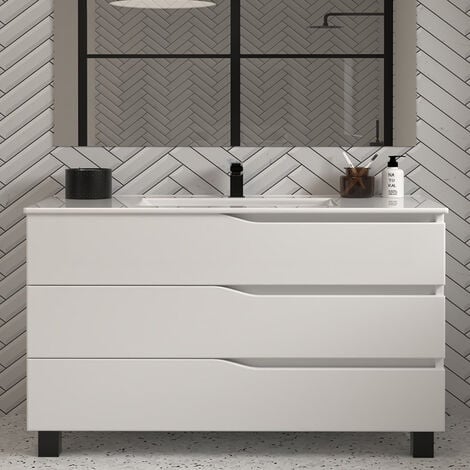 COSYNEO Meuble de salle de bain 120cm simple vasque - sans miroir - 3 tiroirs - blanc - MATA