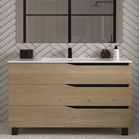 COSYNEO Meuble de salle de bain 120cm simple vasque - sans miroir - 3 tiroirs - madera miel (bois clair) - MATA