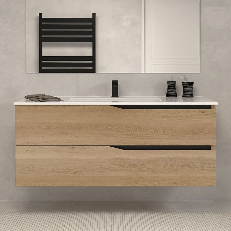 Meuble de salle de bain 120cm simple vasque - sans miroir - 2 tiroirs - madera miel (bois clair) - luna