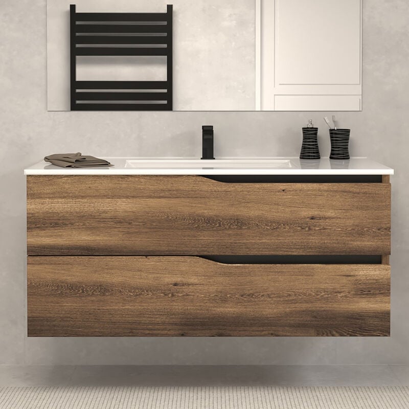 Meuble de salle de bain 120cm simple vasque - sans miroir - 2 tiroirs - tabaco (bois foncé) - luna