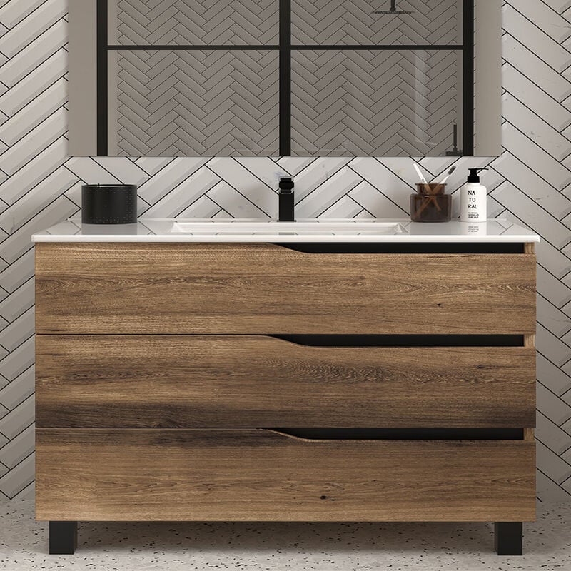Meuble de salle de bain 120cm simple vasque - sans miroir - 3 tiroirs - tabaco (bois foncé) - mata