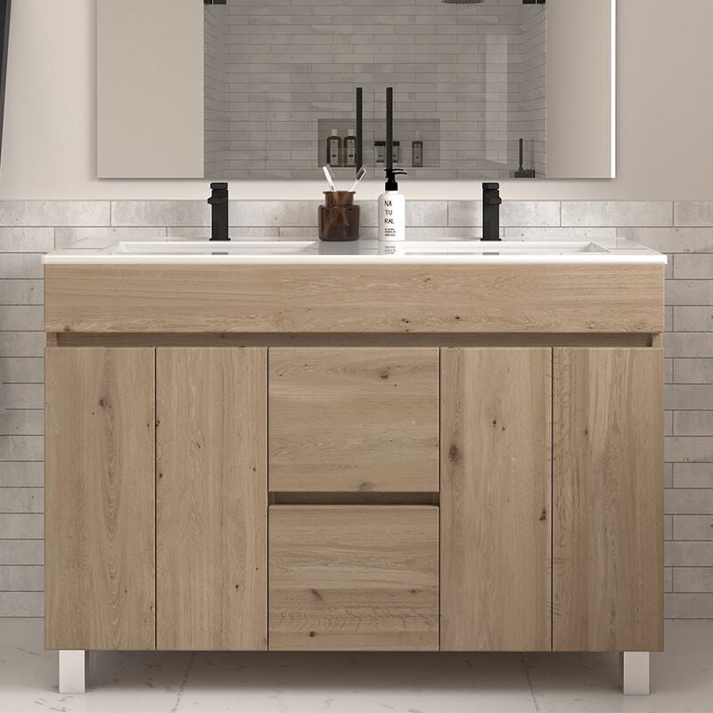 Cosyneo - Meuble de salle de bain 120cm double vasque sans miroir à poseravec portes et tiroirs - cambrian (chêne clair) - haro