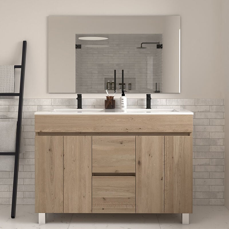 Cosyneo - Meuble de salle de bain 120cm double vasque à poseravec portes et tiroirs - cambrian (chêne clair) - haro