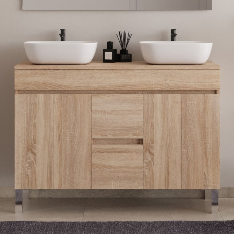 Meuble de salle de bain 120cm sur pieds avec plateau et deux cuves à poser arrondies - sans miroir - portes et tiroirs - cambrian (chêne clair) - haro