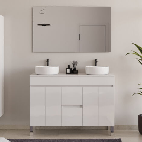 Meuble de salle de bain 120cm sur pieds avec plateau et deux cuves à poser rondes - portes et tiroirs - blanc - HARO