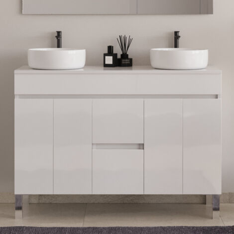 Meuble de salle de bain 120cm sur pieds avec plateau et deux cuves à poser rondes - sans miroir - portes et tiroirs - blanc - HARO