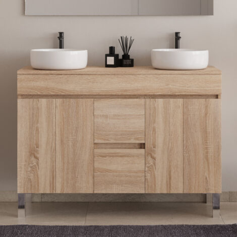 Meuble de salle de bain 120cm sur pieds avec plateau et deux cuves à poser rondes - sans miroir - portes et tiroirs - cambrian (chêne clair) - HARO