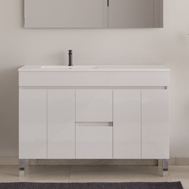 Cosyneo - Meuble de salle de bain 120cm sur pieds avec vasque déporté - sans miroir - portes et tiroirs - blanc - haro