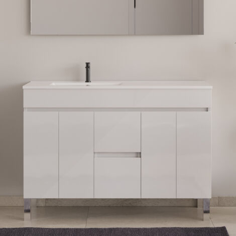 Meuble de salle de bain 120cm sur pieds avec vasque déporté - sans miroir - portes et tiroirs - blanc - HARO