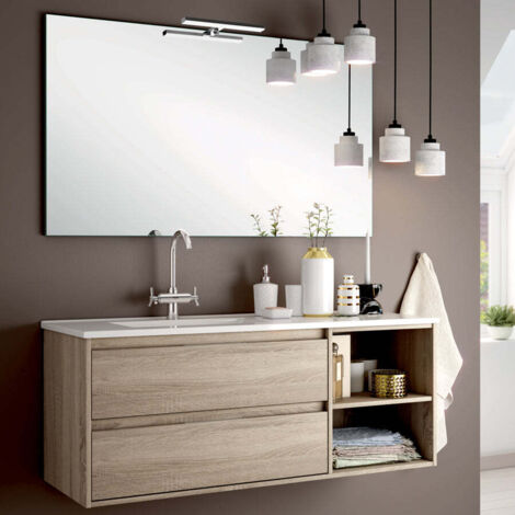 Cosyneo – Meuble de salle de bain 120cm vasque déportée – 2 tiroirs et 2 niches – Matière hydrofuge – Fixation murale – Cambrian (chêne clair)
