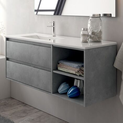 Meuble de salle de bain 120cm vasque déportée - 2 tiroirs et 2 niches - sans miroir - ciment (gris) - OLYMPE