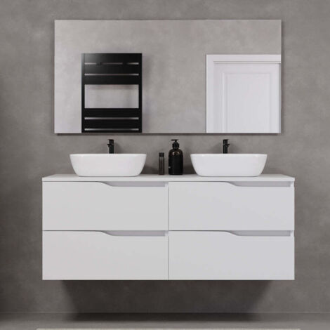 Meuble de salle de bain 140cm avec plateau et deux vasques à poser zeus - 4 tiroirs - blanc - LUNA