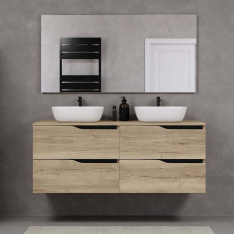 Meuble de salle de bain 140cm avec plateau et deux vasques à poser zeus - 4 tiroirs - madera miel (chêne clair) - LUNA