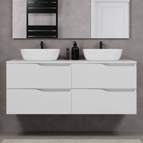 Meuble de salle de bain 140cm avec plateau et deux vasques à poser zeus - 4 tiroirs - sans miroir - blanc - LUNA