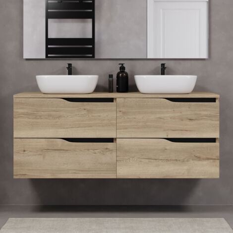 Meuble de salle de bain 140cm avec plateau et deux vasques à poser zeus - 4 tiroirs - sans miroir - madera miel (chêne clair) - LUNA