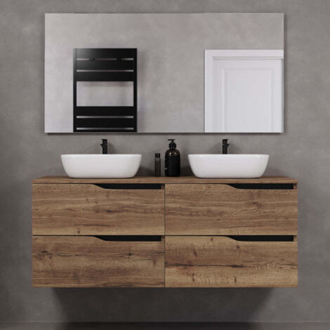 Meuble de salle de bain 140cm avec plateau et deux vasques à poser zeus - 4 tiroirs - tabaco (chêne foncé) - LUNA