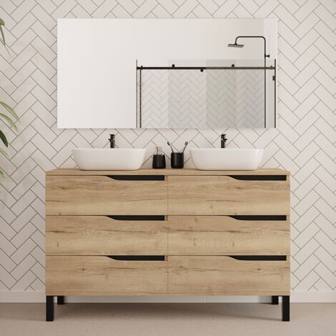 Meuble de salle de bain 140cm avec plateau et deux vasques à poser zeus - 6 tiroirs - madera miel (chêne clair) - MATA