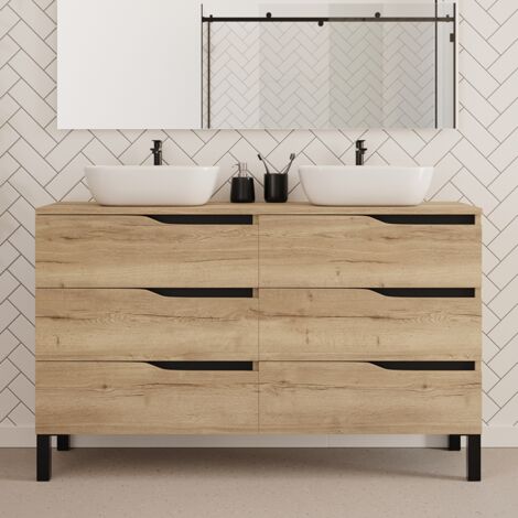 Meuble de salle de bain 140cm avec plateau et deux vasques à poser zeus - 6 tiroirs - sans miroir - madera miel (chêne clair) - MATA