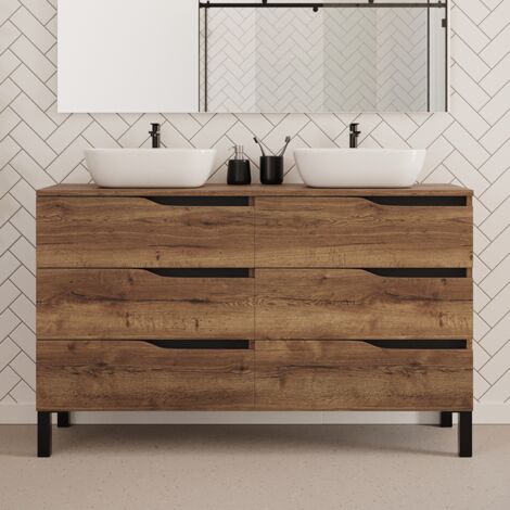 Meuble de salle de bain 140cm avec plateau et deux vasques à poser zeus - 6 tiroirs - sans miroir - tabaco (chêne foncé) - MATA