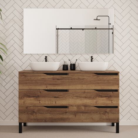 Meuble de salle de bain 140cm avec plateau et deux vasques à poser zeus - 6 tiroirs - tabaco (chêne foncé) - MATA