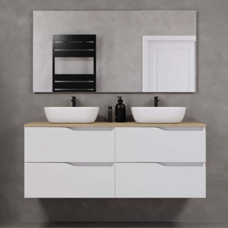 Meuble de salle de bain 140cm avec plateau miel et deux vasques à poser zeus - 4 tiroirs - blanc - LUNA