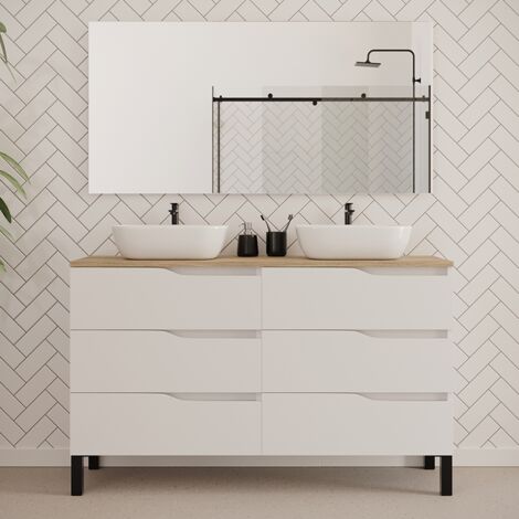 Meuble de salle de bain 140cm avec plateau miel et deux vasques à poser zeus - 6 tiroirs - blanc - MATA