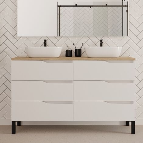Meuble de salle de bain 140cm avec plateau miel et deux vasques à poser zeus - 6 tiroirs - sans miroir - blanc - MATA